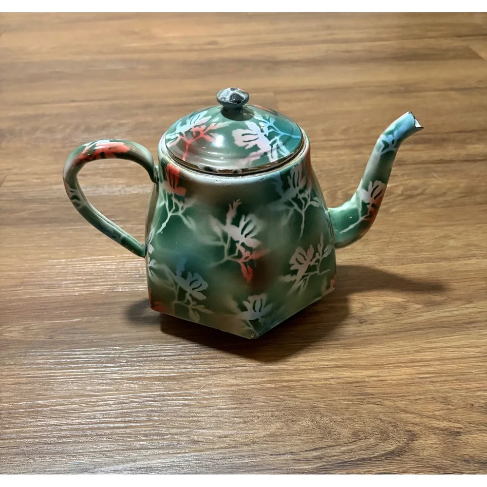 Vintage Czechoslovakia Enamelware Teapot Floral Gold Trim Blue White 8 Cup